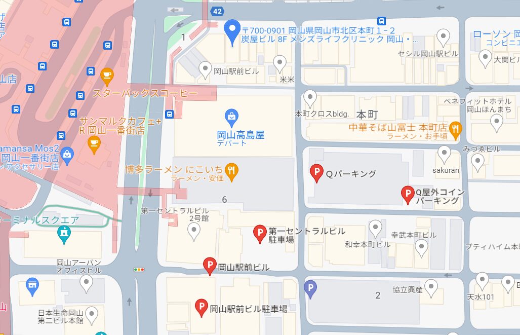 メンズライフクリニック岡山・岡山駅前院周辺の駐車場情報です。